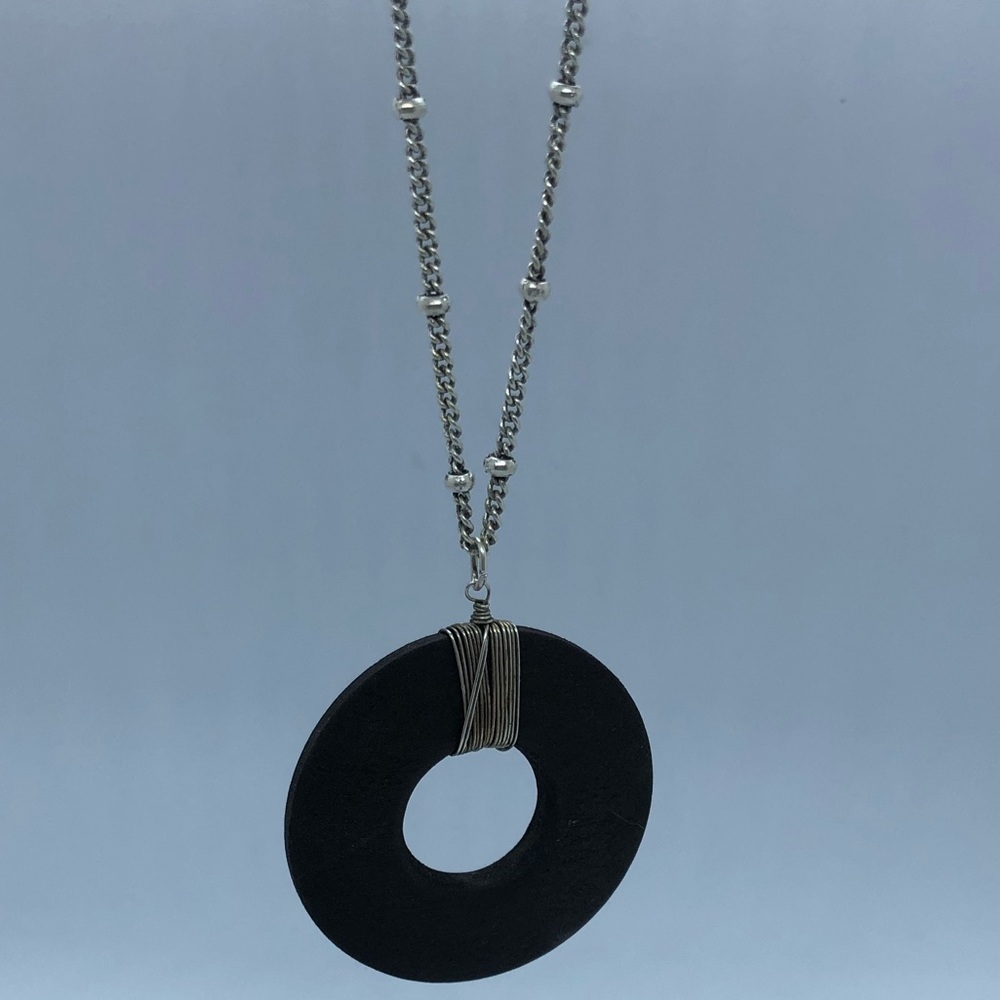Silver Tone Necklace with Wooden Disc